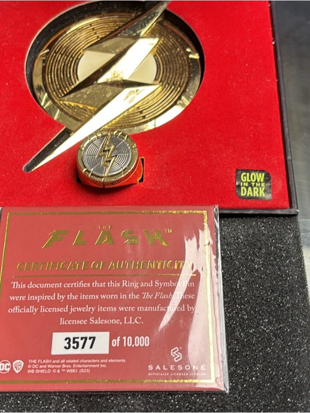 The Flash Glow-in-the-Dark Symbol Ring and Pin Set - Red and Gold